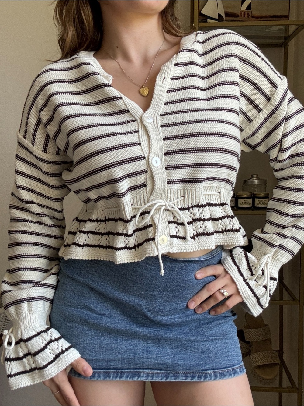 Miss Selfridge Cream and Brown Striped Cropped Cardigan